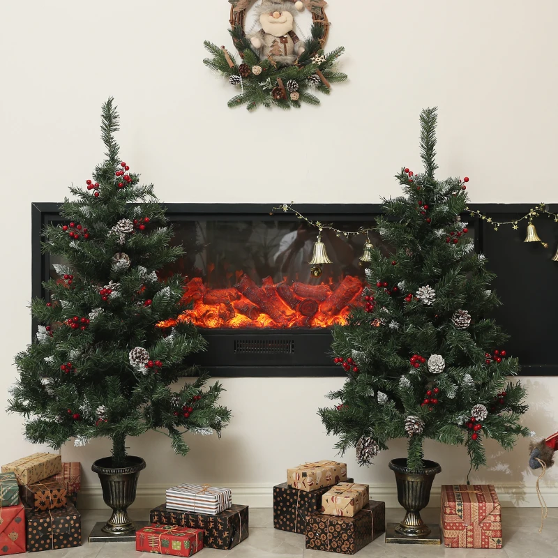 HOMCOM 4FT Pre-Lit Decorated Christmas Tree with Red Berries and Pine Cones Snow Flocked Christmas Tree with LED Lights Green