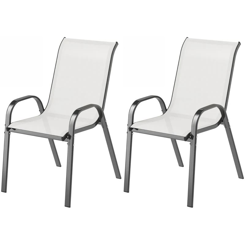 Outsunny Set of 2 Outdoor Dining Chairs, Stackable Lawn Chairs with High Back, Breathable Mesh Seat for Garden Porch, Light Grey