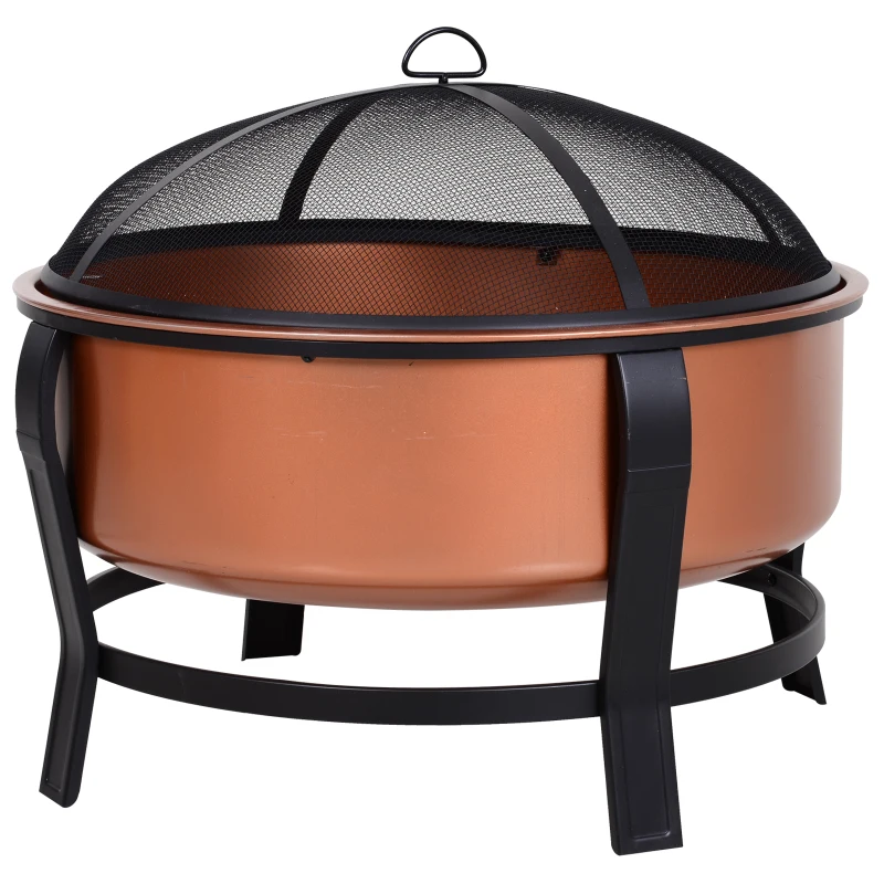 Outsunny 30 Inch Outdoor Fire Pits, Copper-Colored Round Basin Camping Fire Pit, Wood Burning Firepit Bowl with Ornate Black Base, Log grate, Wood Poker, & Mesh Screen for Embers