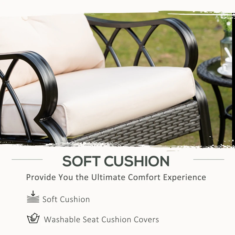 Outsunny 3-Piece Rocking Chair Bistro Set, Wicker Conversation Set, Rattan Furniture Set with Tempered Glass Side Table, Khaki