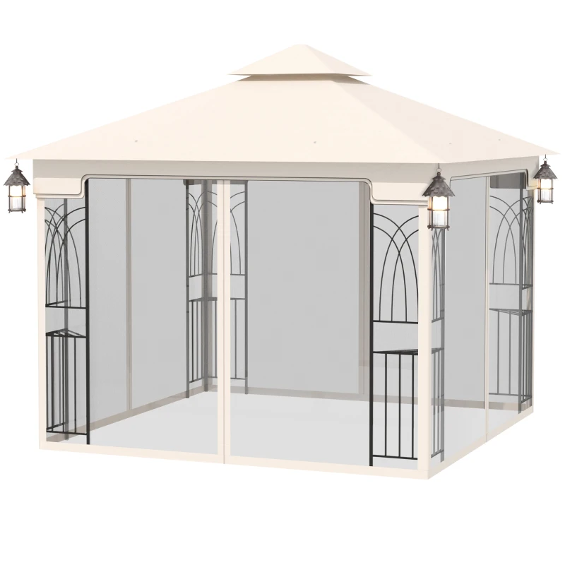 Outsunny 10'x10' Soft-top Patio Gazebo with Double Tier Roof, Mesh Curtains, Display Shelves, Top Hooks, Cream