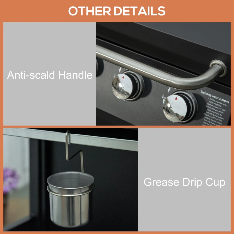 Outsunny Outdoor 3 Burner Gas Grill Portable Barbecue w/ Wheels, Warming Rack, Shelves, Cabinet, Thermometer, Black