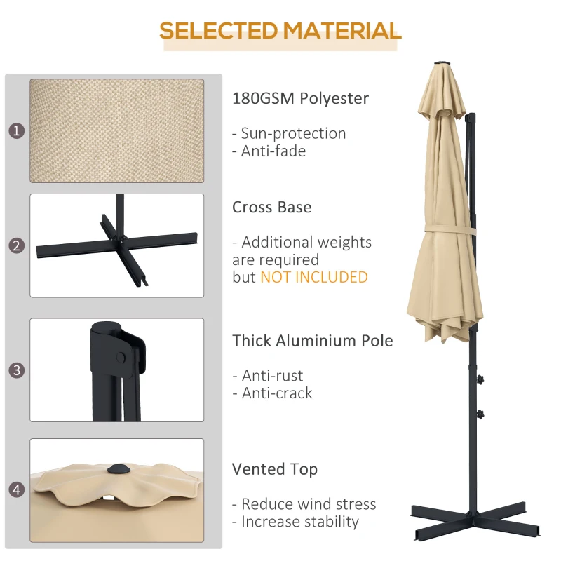 Outsunny 10 FT Cantilever Umbrella, Aluminum Hanging Offset Umbrella with 360°Rotation, Crank, Tilt, Cross Base, Khaki