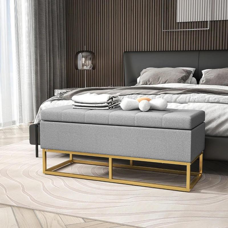 HOMCOM Flip Top Storage Ottoman, Upholstered Storage Bench, Linen Fabric Footstool for Living Room, Bedroom, Grey
