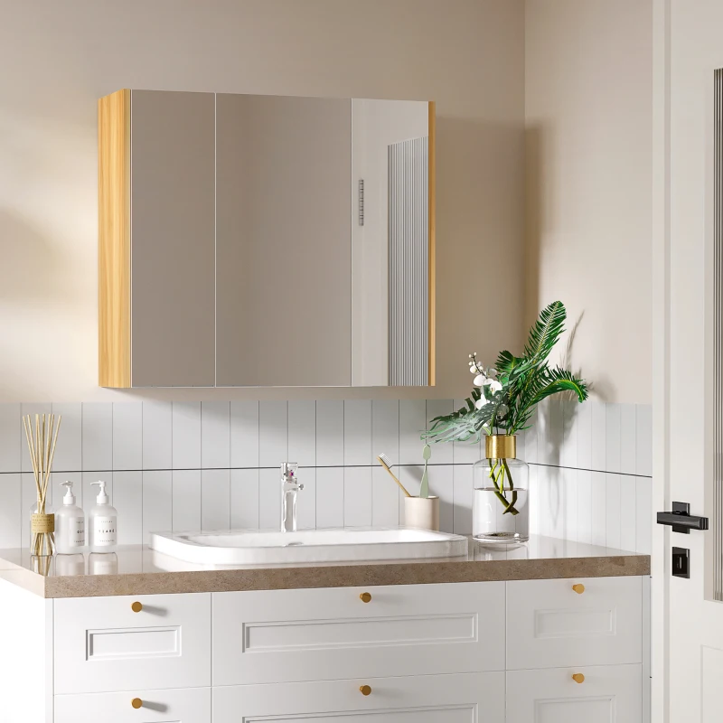 kleankin Wall Mounted Medicine Cabinet with Mirror Wall Mirror Cabinet with 3 Doors and Adjustable Storage Shelves White