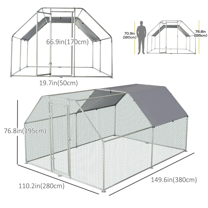 PawHut 9.2' x 12.5' Metal Chicken Coop, Galvanized Walk-in Hen House, Poultry Cage Outdoor Backyard with Waterproof UV-Protection Cover for Rabbits, Ducks