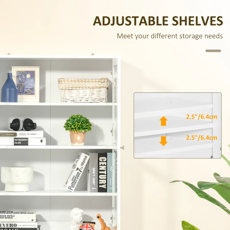 HOMCOM Bookcase Storage Cabinet with Doors, Modern Tall Bookshelf with 2 Adjustable Shelves, Display Unit for Study, Living Room, Home Office, White