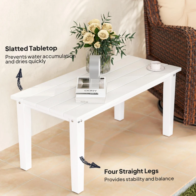 Outsunny Rectangle Outdoor Coffee Table, HDPE All-Weather Outdoor Patio Table with Slatted Tabletop for Yard, Balcony, White