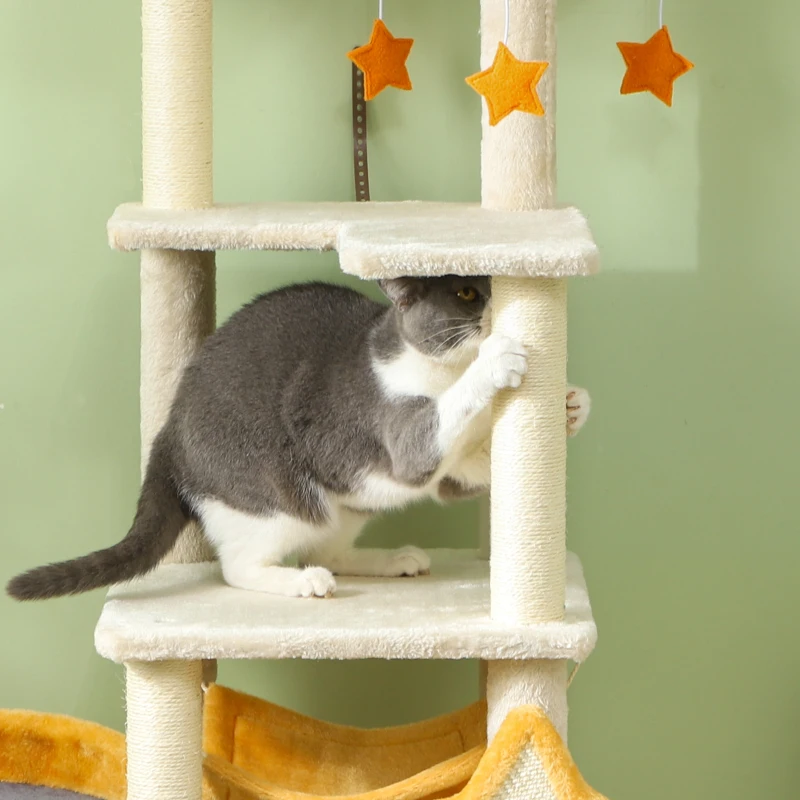 PawHut 63 Inch Moon and Star Themed Cat Tree with Scratching Post, Hammock, Condo, Bed, Scratching Board & Cat Toys, Beige