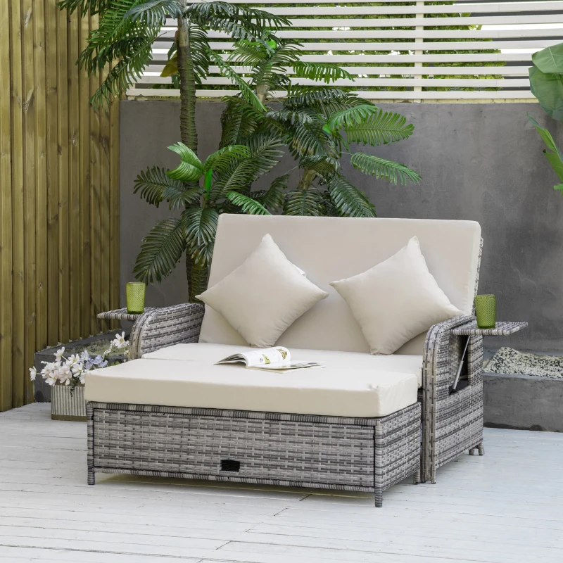 Outsunny Patio Rattan Daybed with Cushions, Wicker Outdoor Bed Lounger w/ Loveseat, Storage Ottoman, Coffee & Side Tables, for Poolside, Porch, Backyard, Gray