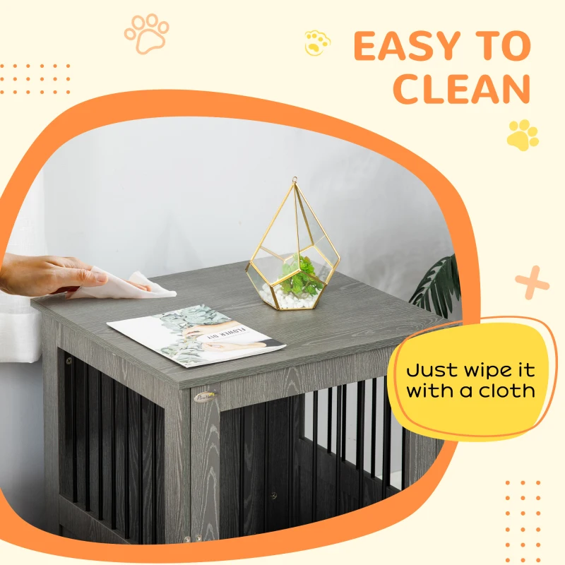 PawHut Dog Crate Furniture, Wooden End Table Furniture with Lockable Magnetic Doors, Small Size Pet Kennel Indoor Animal Cage, Gray