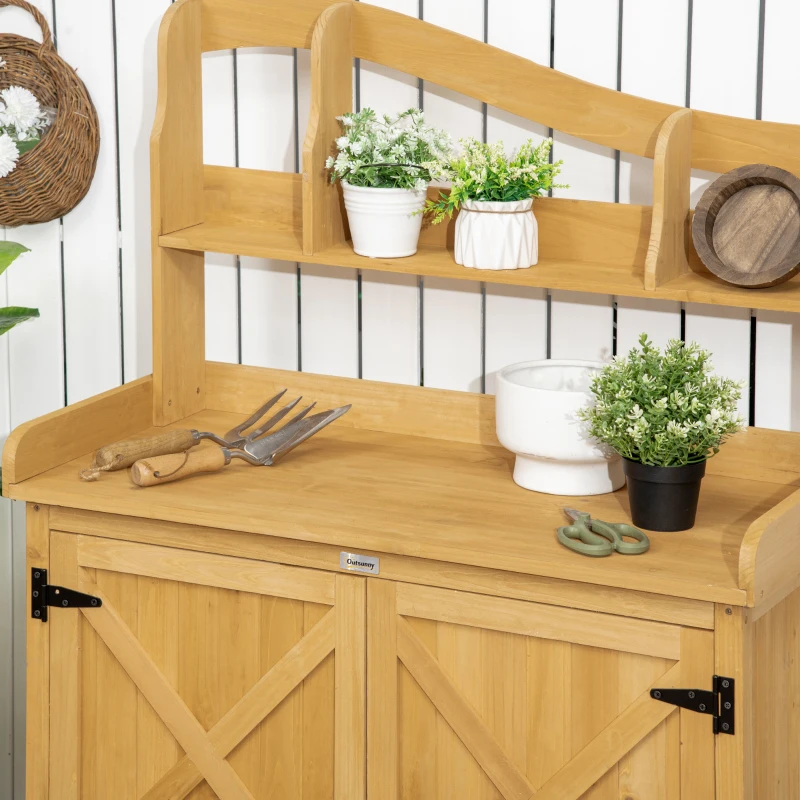 Outsunny Outdoor Storage Cabinet & Potting Table, Wooden Gardening Bench with Patio Cabinet and Magnetic Doors, Yellow