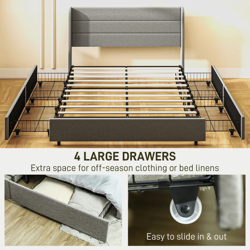 HOMCOM Queen Bed Frame with Storage Drawers, Queen Size Bed Base with Headboard, Wood Slats, Noise-Free, Light Gray