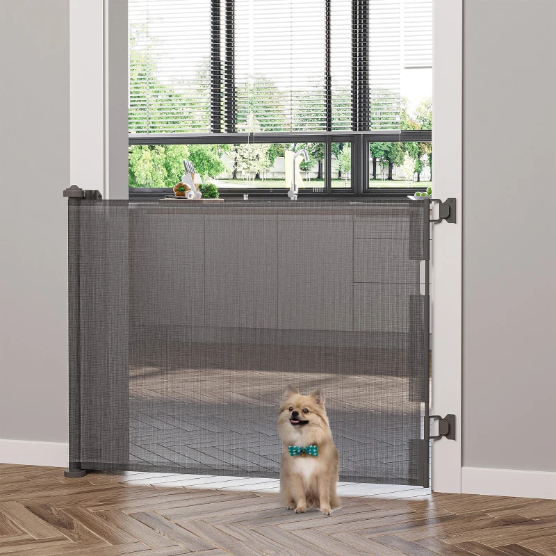 PawHut Retractable Pet Gate, 33.5" Tall, Extends to 59.1" Wide, Foldable Mesh Dog Gate for house, w/ Single Hand Operation, for Stairs, Doorways, Hallways - Grey