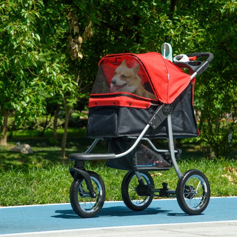 PawHut Luxury One-click Folding Pet Stroller Dog/Cat Travel Carriage with Wheels Adjustable Canopy Zippered Mesh Window Door Red and Black