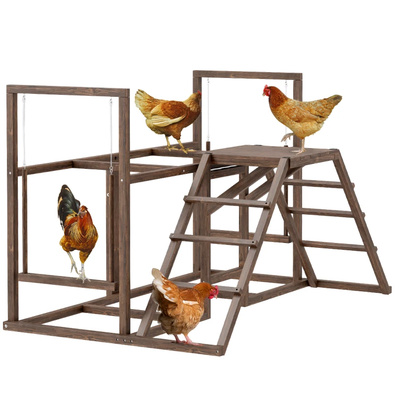 PawHut Chicken Activity Play Set with Multiple Chicken Perches, Swing, Ladder, Platform for 3-4 Chickens, Coffee