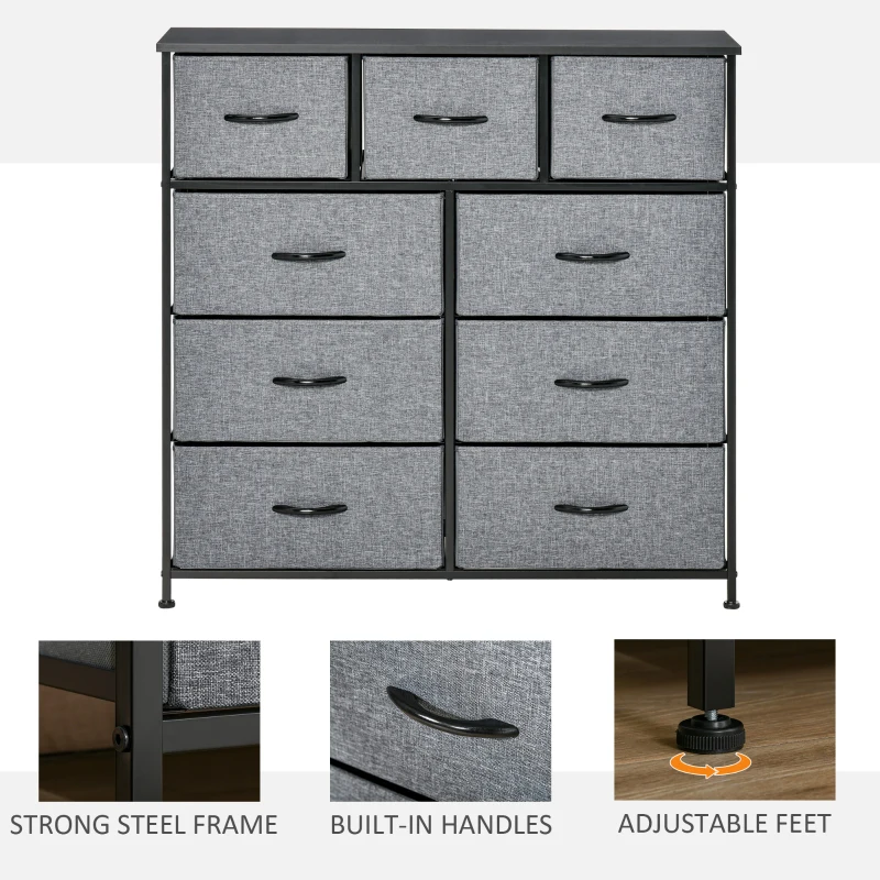 HOMCOM 9 Drawers Storage Chest Dresser Organizer Unit w/ Steel Frame, Wood Top, Easy Pull Fabric Bins, for Hallway, Closet, Entryway, Black & Gray