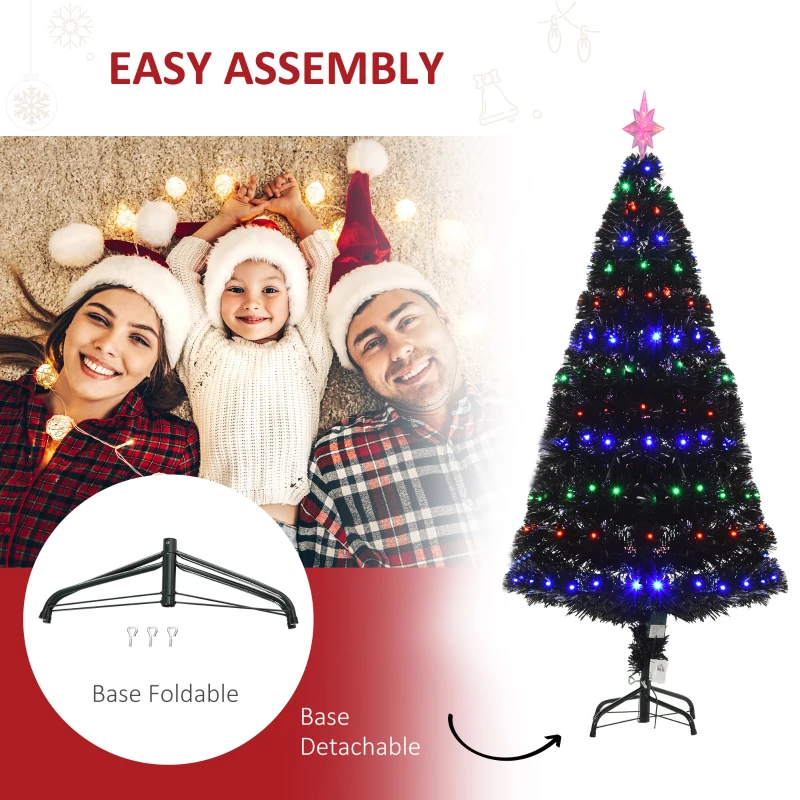 HOMCOM 5ft Prelit Artificial Christmas Tree with LED Lights, Multicolored Fiber Optics and Realistic Branch Tips, Black
