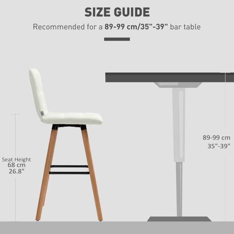 HOMCOM Modern Bar Stools Set of 2, 38" Upholstered Kitchen Island Stool with Solid Wood Legs, White