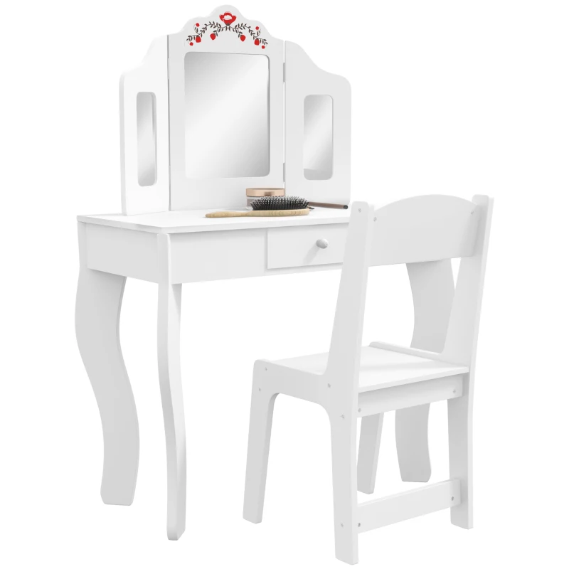 Qaba Kids Vanity Set, Dual-Use Dressing Table with Removable Tri-Folding Mirror and Drawer, for Ages 3-8, White