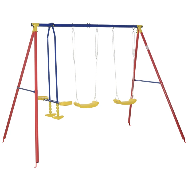 Outsunny Metal Swing Set with 2 Seats Glider A-Frame Stand Adjustable Hanging Rope for Backyard Playground Outdoor Playset for Kid Age 3-8 Years Old 352lbs