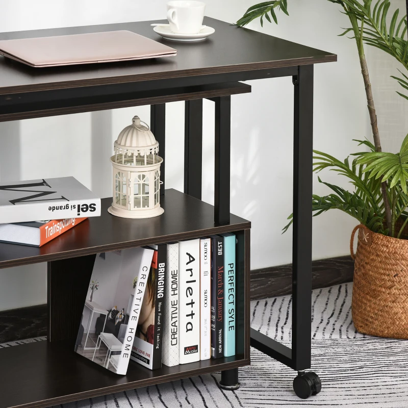 HOMCOM Mobile L-Shaped Rotating Computer Desk with Storage Shelves Moveable Rolling Writing Table Home Office Study Workstation for Home Office, Coffee