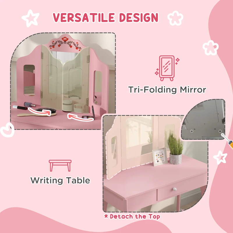Qaba Kids Vanity Set, Dual-Use Dressing Table with Removable Tri-Folding Mirror and Drawer, for Ages 3-8, Pink