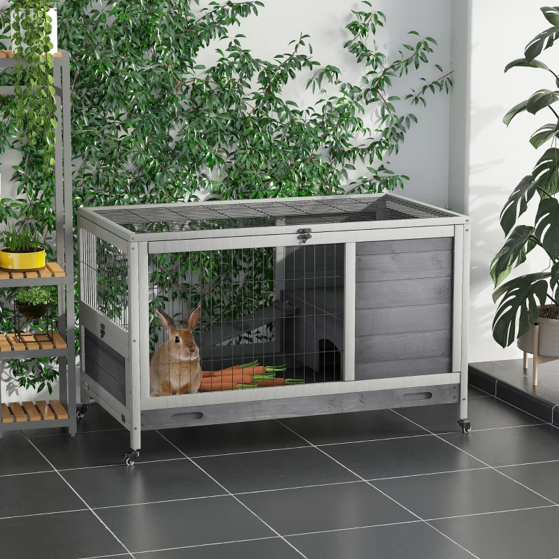 PawHut Wooden Indoor Rabbit Hutch Elevated Bunny Cage Habitat with Enclosed Run with Wheels, Suitable for Rabbits and Guinea Pigs, Grey