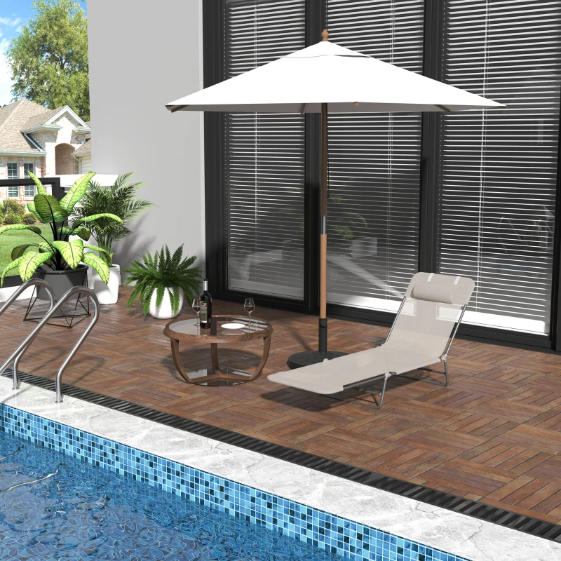Outsunny Outdoor Lounge Chair, Portable Adjustable Reclining Seat Folding Chaise Lounge Patio Camping Beach Tanning Chair Bed with Pillow, Beige