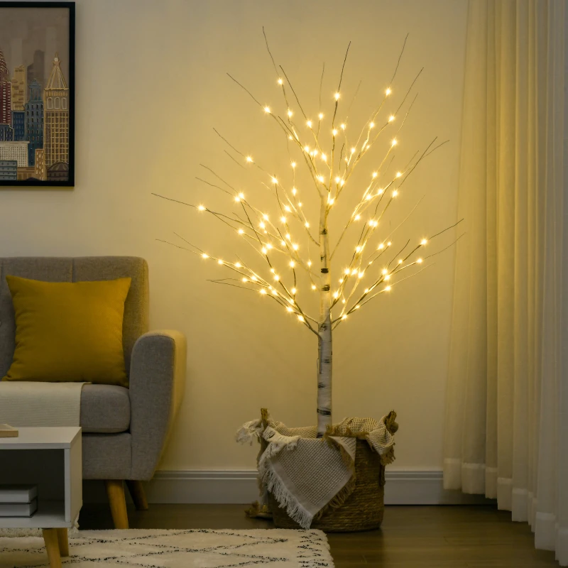HOMCOM 5 ft Artificial Birch Tree Light with Pre-Lit LED Light for Home Party, Indoor and Covered Outdoor Use