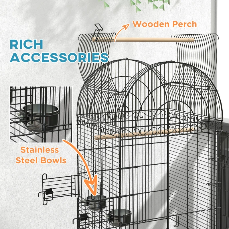 PawHut Play Open Top Bird Cage 60" Parrot Cage for Cockatiel, Sun Conure with Rolling Stand, Removable Tray, Perches, Storage Shelf Black, 20.1" x 20.1"