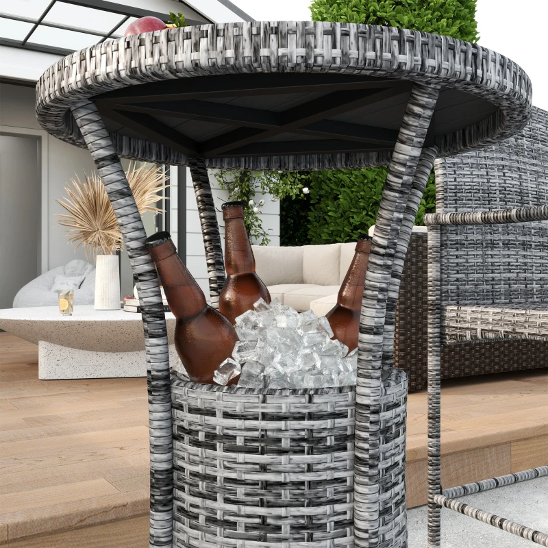 Outsunny 3 Pieces Patio Bar Set, Rattan Bistro Table and Chairs, Outdoor Conversation Furniture Set with Ice Bucket, Mixed Grey