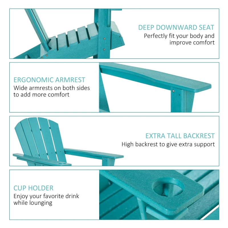 Outsunny Adirondack Chair with Cup Holder, All Weather Patio Chair HDPE Lounger, Fire Pit Seating High Back and Wide Seat for Outdoor, Backyard, Garden, Deck, Lawn, Light Blue