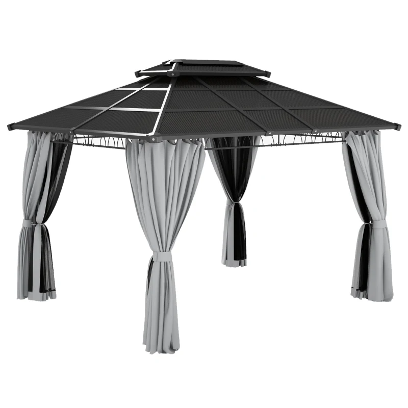 Outsunny 10' x 12' Outdoor Hardtop Gazebo Canopy w/ Double PC Roof, Steel Frame, Nettings, Curtains for Garden Lawn Deck, Grey