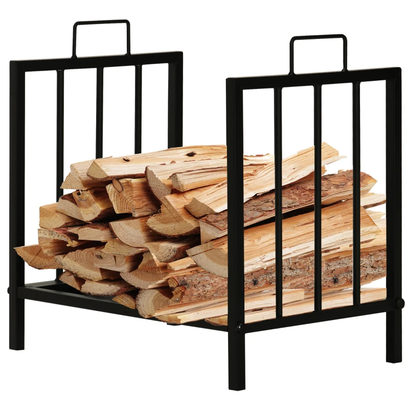 Outsunny 15.5" Firewood Rack Heavy-Duty Metal Wood Storage Log Holder with Side Handles, Indoor and Outdoor, Black