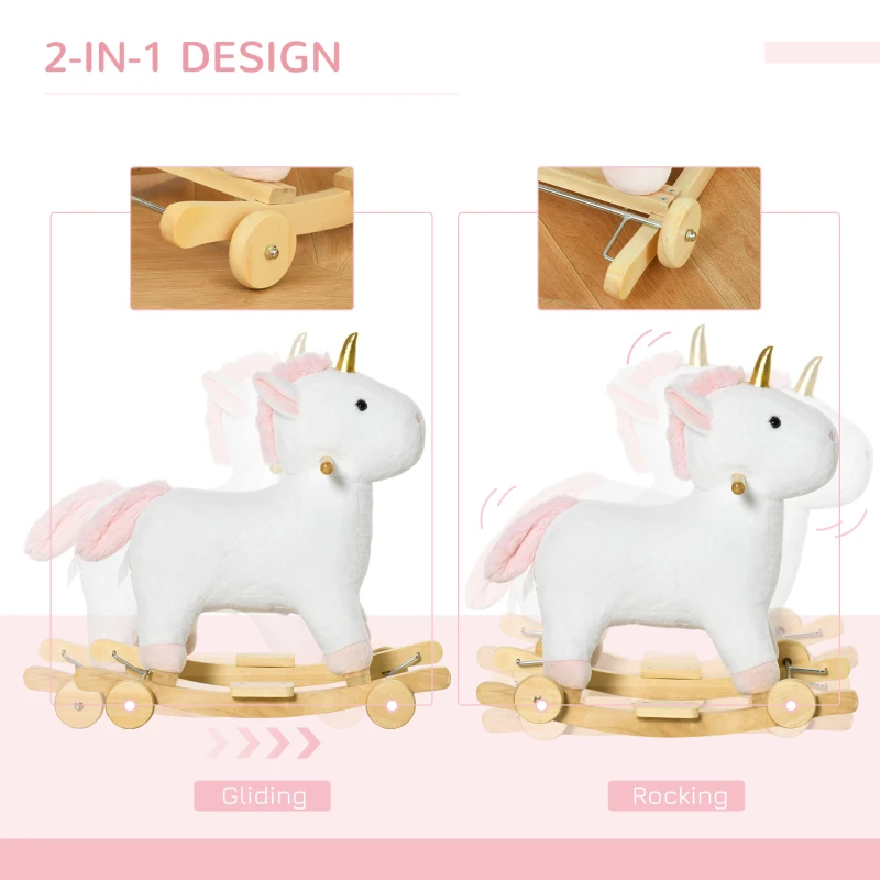 Qaba 2 in 1 Kids Rocking Horse, Rolling Unicorn with Sound, Wooden Base, Pedal, Grip Handle, for 3-6 Years Old, White