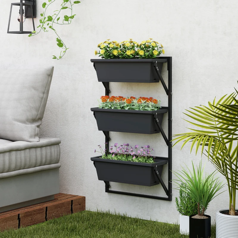 Outsunny 3-Tier Wall-Mounted Planter Box with 3 Pots, Vertical Planters for Outdoor Plants, Dark Grey