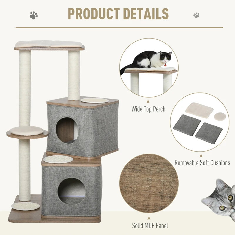 PawHut 44" H Feline Cat Tower Tree House with Sisal Scratching Posts, Soft Relaxing Cushions, & Many Perches/Condos