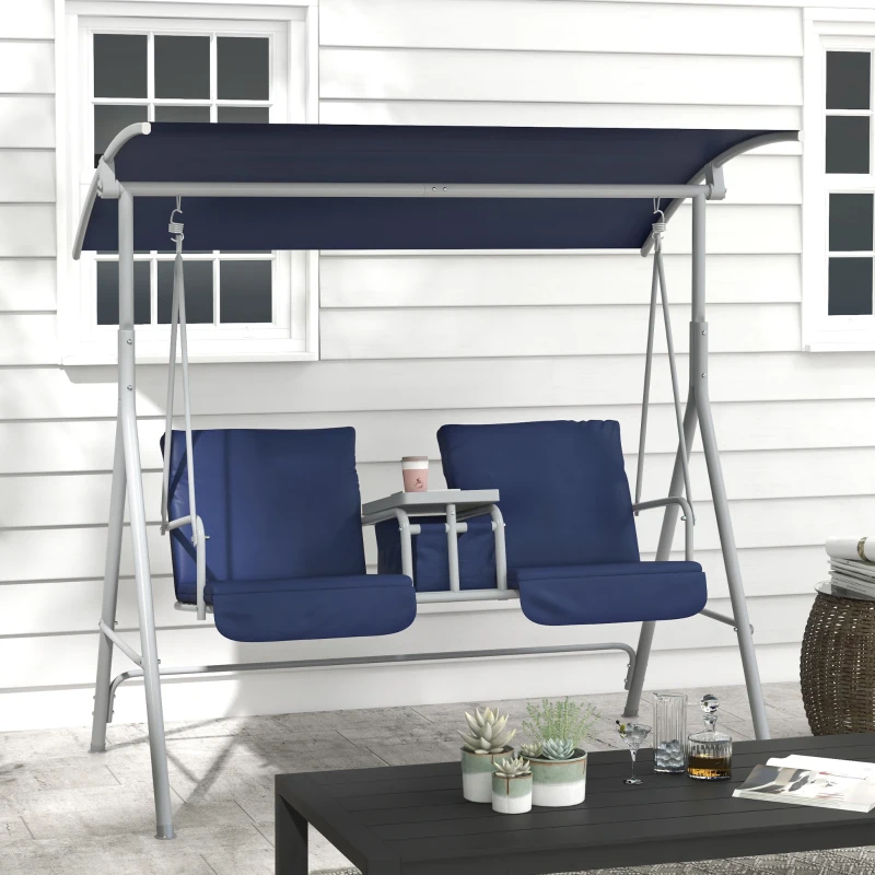 Outsunny 2-Seater Outdoor Porch Swing with Canopy and Table, Patio Swing Chair for Garden, Poolside, Backyard, Dark Blue