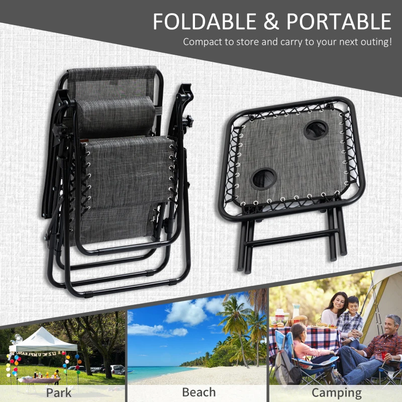 Outsunny Zero Gravity Chair Set of 2 Patio Chair with Side Table Cupholders and Pillows for Pool, Backyard, Lawn, Beach, Grey