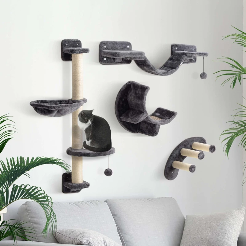 PawHut Cat Wall Shelf with Scratching Post, Play Balls, Platforms, Dark Grey
