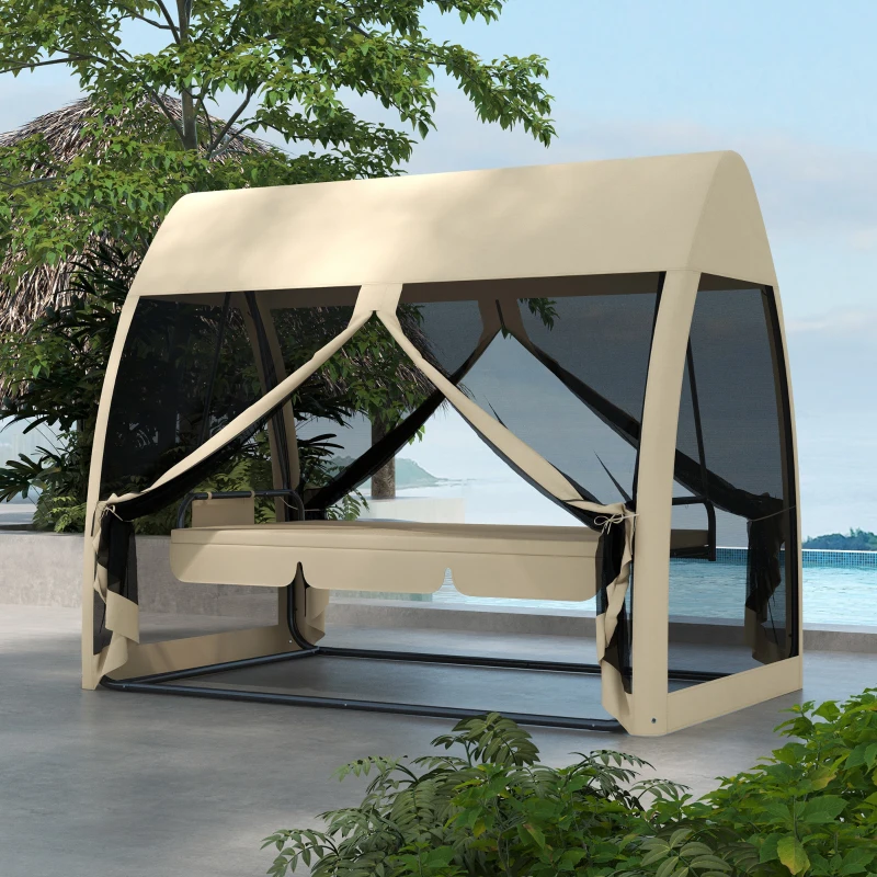 Outsunny 3 Seat Outdoor Swing Chair Convertible Covered Day Bed with Canopy, Mesh Netting, Steel Stand for Garden, Patio, Coffee