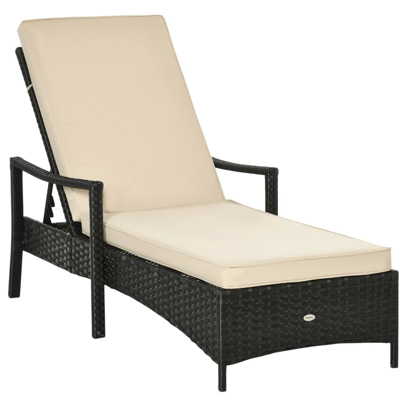 Outsunny Wicker Chaise Lounge, 4 Position Adjustable Backrest and Cushions Outdoor Lounge Chair PE Rattan Sun Lounger for Poolside, Balcony or Garden, Beige