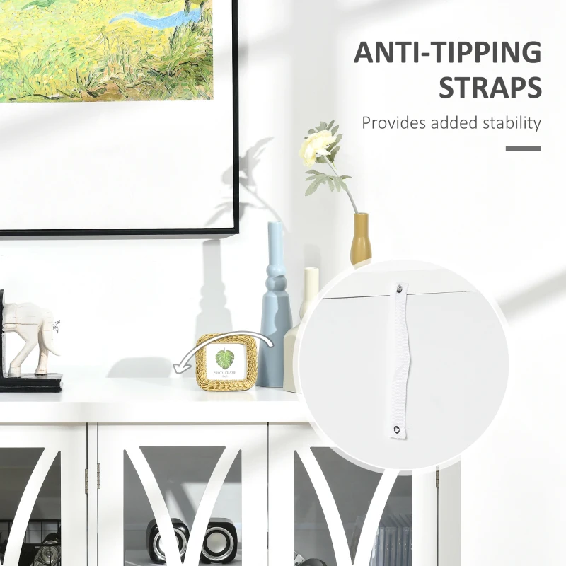 HOMCOM Sideboard, Buffet Cabinet with 4 Tempered Glass Doors, Arc Pattern and Adjustable Storage Shelf, Credenza, White