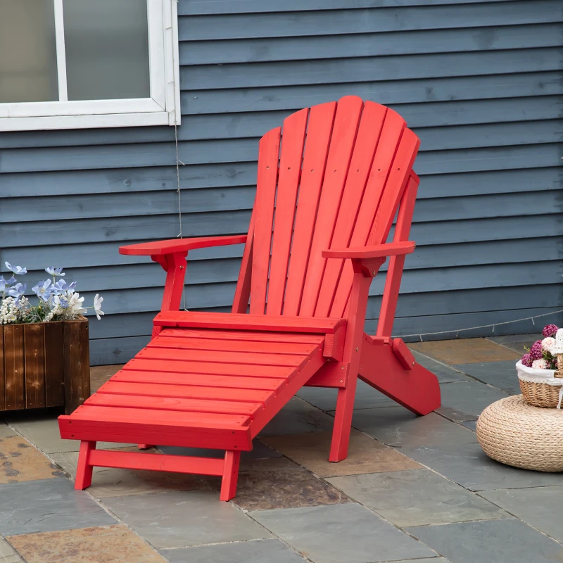 Outsunny Folding Adirondack Chair with Ottoman, Outdoor Wooden Lounger for Patio, Porch, Poolside, Garden, Red