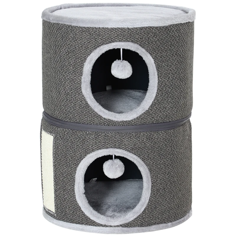 PawHut 2-Story Cat Condo Barrel Tree with Top Perch, 2 Hideaways, Scratching Board, Removable Cushions, Toy Balls, Dark Grey