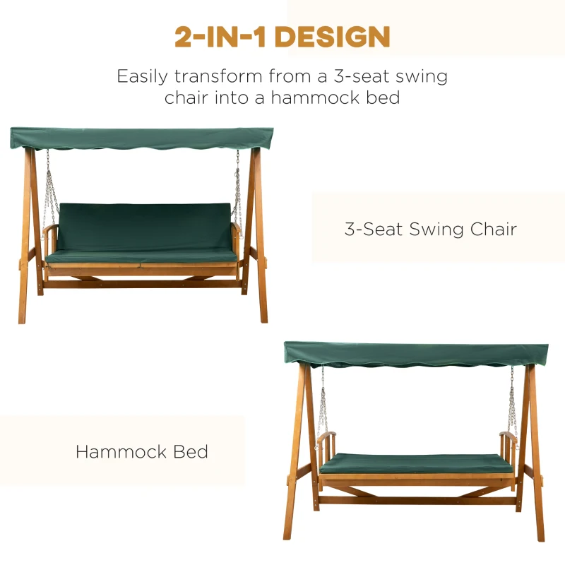 Outsunny 3 Seater Hardwood Reclining Swing Chair with Adjustable Back Green