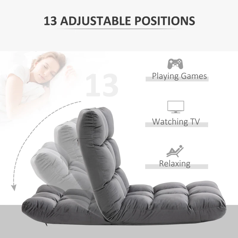 HOMCOM 13-Position Floor Folding Gaming Lazy Floor Sofa Chair Lounge Adjustable Sleeper Bed Couch Recliner, Dark Grey