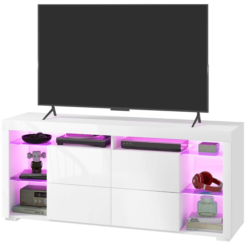 HOMCOM TV Stand with LED Lights for TVs up to 55", High Gloss TV Cabinet with Flip Doors and Glass Shelves, White