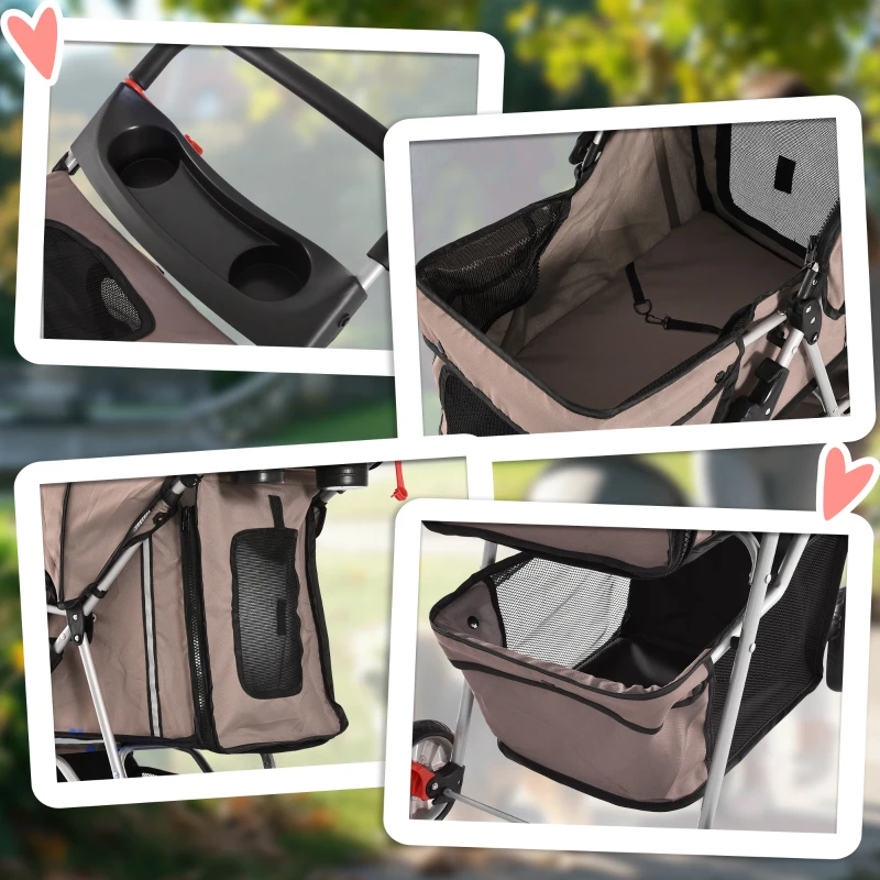 PawHut Cat Stroller, 3 Wheels Foldable Dog Stroller with Storage Basket, Brake, Adjustable Canopy, Cupholders, Pet Stroller for Miniature and Small Dogs Travel, Coffee